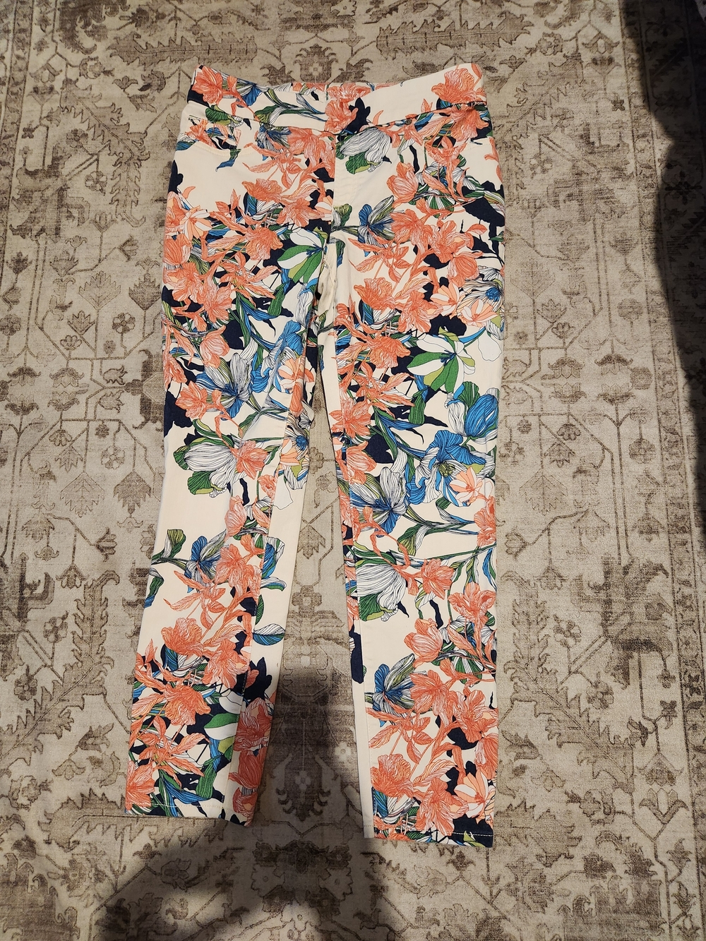 Rebecca Taylor Floral Print Skinny Pants in Cream, Coral & Blue
